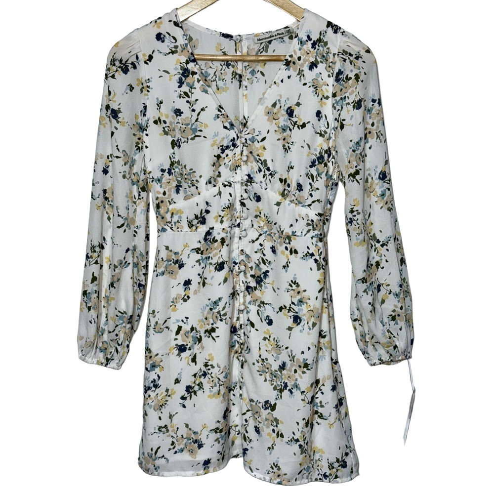 NEW Abercrombie & Fitch White Black Floral V-Neck Long Sleeve Mini Dress Size XS